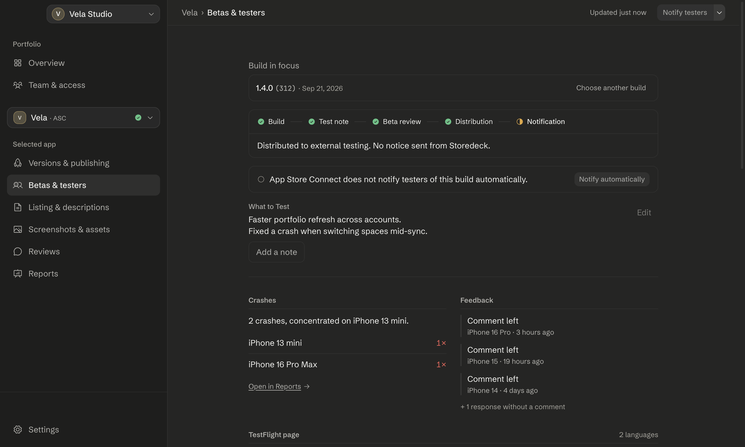 Storedeck showing the Betas and testers screen of an app: build pipeline, crashes and tester feedback